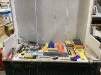 SHOP BOX OF PAINTING SUPPLIES W/ MIXED SPONGES + TROWELS + SCRAPPERS + BRUSHES, ROLLERS & MISCELLANEOUS
