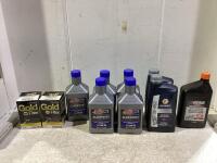 (2) NAPA GOOD FILTERS, (5) AMS OIL EUROPEAN MOTOR OIL SAE-5W-30 & ECHO BAR/CHAIN OIL