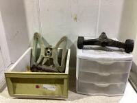 SHOP DRAWER W/ STERILITE PLASTIC 3-DRAWER, SPRINKLER ATTACHMENT & WOODEN LEGS