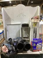 SHOP BOX W/ MIXED DUCTS + VENTS, FIBERGLASS, DRUM AUGER, AIR CLEANING FILTER & MISCELLANEOUS