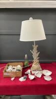 BOX OF OYSTER SHELLS & TABLE LAMP W/ SHELL BASE