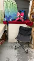 (3) ASSORTED LIFE JACKETS, (2) STYROFOAM WATER BOARDS, AND 1 ESCORT CAMPING CHAIR