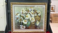 BOUQUET OF FLOWERS WATERCOLOR PRINT IN NICE DECORATVE WOOD GOLD GILTED FRAME