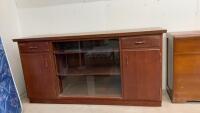 PLYWOOD CONSTRUCTED CABINET W/ SLIDING GLASS DOORS, 2 SMALL DRAWERS & 2 SIDE DOORS