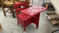 RED VINTAGE SCHOOL DESK W/ PULL OUT DRAWER AND SIDE STORAGE