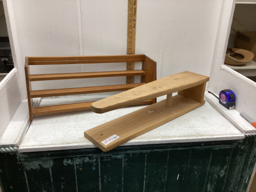 2 - PIECES - WOOD KNICK KNACK SHELF AND SLEEVE IRONING BOARD