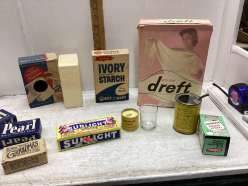 BOX WITH SOAPS, LAUNDRY STARCH, SULPHER CANDLE, COLEMAN FUEL MEASURE CAN