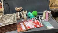 LINED WICKER BASKET W/STUFFIES, PHOTO HOLDERS, GIFT BAGS, &ldquo;MOTHER&rdquo;FIGURINE