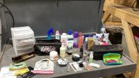 BOX W/ A VARIETY OF PERSONAL CARE ITEMS - SHAVING LOTIONS, LIP CHAP, MAKE-UP BRUSHES, LOTIONS