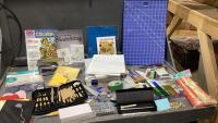 BOX OF CRAFTING ITEMS- CUTTING BOARD, TOOLS, CARDSTOCK, SKETCHING BOOKS,