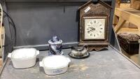 BOX W/2 CASSEROLE DISHES, CERAMIC GRAVY BOAT, POTTERY JAR