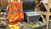 GOOD TOTE W/ (5) HIGH VIS VESTS, CAN OF BT DISINFECTANT, RATCHET STRAPS + EXTENSIONS
