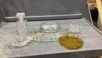 VINTAGE GLASS ITEMS - DECANTER, PICKLE DISH, LITTLE SERVING TRAYS