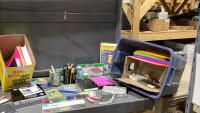 BOX + TOTE W/COPY PAPER, COLOURED PAPER, GEL PENS, PENCILS, DATE BOOK