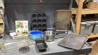 BOX WITH - GLASS CAKE PAN, CASSEROLE DISH, MUFFIN TIN, POT, LOAF TINS,