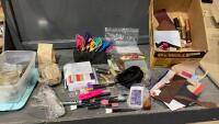 BOX W/THICK THREAD, LEATHER PIECES, SCISSORS, CRAFTING TOOLS