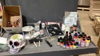 CLOTH TOTE W/ ACRYLIC LEATHER + REGULAR PAINT, LOTS OF PAINT BRUSHES