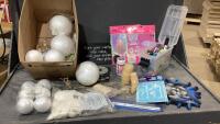 BOX W/ STYROFOAM BALLS, MOD PODGE, STENSIL, FELT CRAYONS, PENCIL CRAYONS