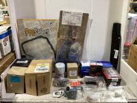 SHOP BOX W/ MIXED GASKETS, MOWER BLADE, FITLERS, BUSHING ASSY & MISCELLANEOUS VEHICLE PARTS