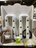BOX W/ CLAY PEBBLES, MULTI-PLUGS, FEEDING POWDER, TUBES & MISCELLANEOUS