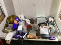 SHOP BOX OF MISCELLANEOUS VEHICLE PARTS W/ REPAIR KITS, SHIM STOCK, CHAINS & PRESSURE SWITCH