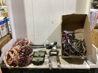 SHOP BOX W/ ROPES, LIGHTS, PROPANE HOSE, MIXED DRILL BITS + MISCELLANEOUS PARTS