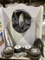 SHOP BOX OF MIXED DOLLY WHEELS W/ MISCELLANEOUS PIPES