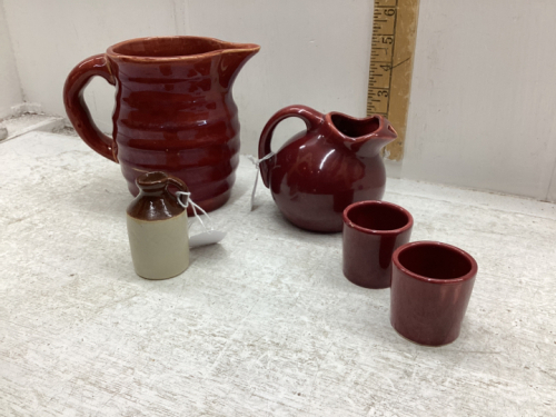 MEDALTA - RED PITCHER( 1 QUART, CHIPPED) SMALL BALL PITCHER, EGG CUPS AND MINI WHISKEY JUG