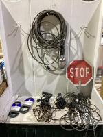 SHOP BOX W/ STOP SIGN, BELTS, WORK LIGHT, ELETRIC BRANDER, TWINE CUTTER & MISCELLANEOUS