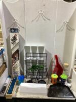 BOX W/ DECOR LEAFS, CUPS, DUSK PANS, GLIDE GUARD, MIXED ORGANIZERS & MISCELLANEOUS