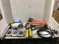 SHOP BOX W/ CHALK GUN, PROPANE HOSES, OILOMATIC CHAINS, BRUSH, SEALED BEAM & MISCELLANEOUS