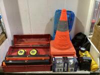 SHOP BOX W/ (2) TRIANGLE FLARE EMERGENCY KITS, TARP, (3) COLLAPSIBLE CONES & MISCELLANEOUS