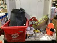 SHOP TOTE OF ELETRICAL PARTS W/ TIRE TUBE, DEWALT BINDER, LIGHT BULBS & MISCELLANEOUS