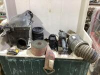 SHOP BOX W/ AIR COMPRESSOR, CRAFTSMAN SANDER, DEWALT 20V BATTERY, STRAP, PLASTIC WHEELS & MISCELLANEOUS