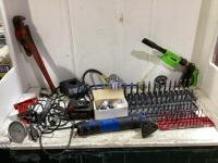 SHOP BOX W/ SOCKET SET ORGANIZERS METRIC + SAE, MILIWAWKEE BATTERY, BOLT WRENCH, CHEMICAL SPRAYER & MISCELLANEOUS