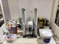 SHOP BOX W/ WAGNER PAINTER, DRYWALL COMPOUND, MAXX DRY-XL FAN, OIL STABILIZER, GEAR OIL, BLACK STREAK REMOVER & RUBBER ROOF, BOOT DRYER