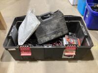 SHOP CRATE W/ TORO MOWER BELTS, EMPTY DEWALT TOOL CASE, BOOSTER CABLES, AUTO LEVELING LASER & MISCELLANEOUS