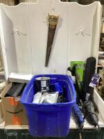 SHOP TOTE W/ (2) ANGLE GRINDERS, FROST BLOCKER, ROLLER SAFETY SHADES, SPEAKER, PLASTIC SHELVING? & LIGHT FIXTURE