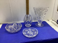 3 CRYSTAL PIECES + ONE HEAVY GLASS DIVIDED DISH