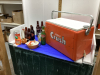 ORANGE CRUSH METAL COOLER W/HINGED LID. BROWN CRUSH BOTTLES. CLEAR BOTTLES