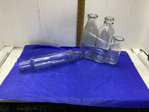 GLASS ROLLING PIN + CLEAR MILK BOTTLES