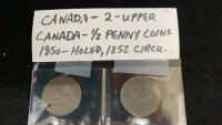 (2) UPPER CANADA 1/2 PENNY COINS -1850 & 1852