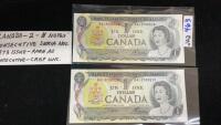(2) 1973 CANADA $1 BILLS - CONSECUTIVE SERIAL NUMBERS