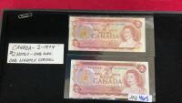 (2) 1974 CANADA $2 BILLS