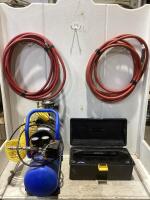 MASTERCRAFT AIR COMPRESSOR W/ EXTRA CONTENTS - (2) AIR HOSES & TOOL BOX OF AIR ATTACHMENTS