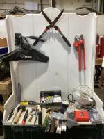 SHOP TOTE W/ (2) 18" PIPE WRENCH, CASOMAN 5-PC 1/2" SOCKET SET - LUG NUT REMOVER, NEIKO COTTER PIN ASSORTMENT, WORK LIGHT & MISCELLANEOUS
