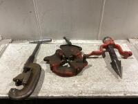 SHOP BOX OF RIDGID TOOLS W/ PIPE CUTTER, PIPE THREADER & PIPE REAMER