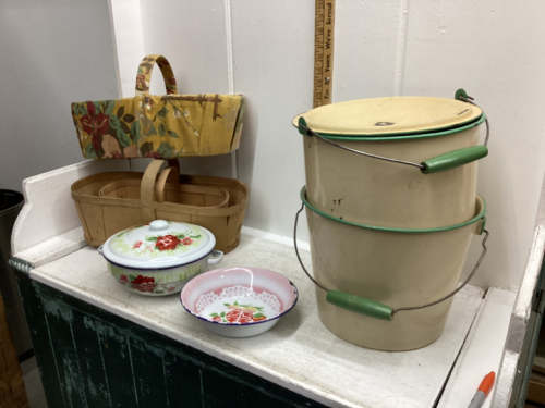 ENAMEL POT, ENAMEL PAIL, FRUIT BASKETS, TIN WARE