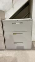 GLOBAL 3-DRAWER LATERAL FILING CABINET - NO KEYS AND SOME HANGING FOLDERS