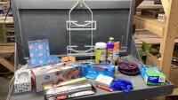 BOX W/ SHOWER RACK, PAPER TOWEL HOLDER, PLASTIC WRAP, ZIPLOC BAGS,